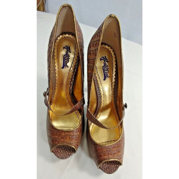 Hale Bob Womens Brown Leather Animal Print Peep Toe Mary Jane Heels size 9M - Picture 2 of 9